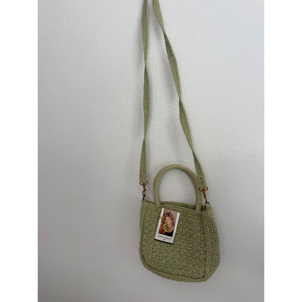 Kathy Ireland Sage Green Crochet Knit Crossbody Handbag with Gold Tone Charm NWT
